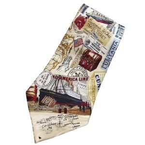 Museum Artifacts Vintage Silk Tie Travel Theme Cunard Ship Map Globe Camel